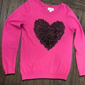 Elle Women’s Pullover Sweater Size M Pink Black Heart Design Cotton Blend